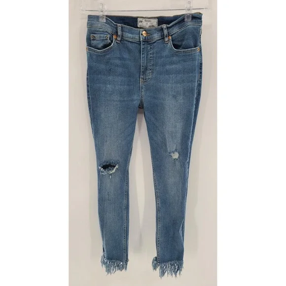 Free People Womens Jeans Size 29 Blue Distressed Frayed Hem Skinny Boho Indie - Picture 1 of 11